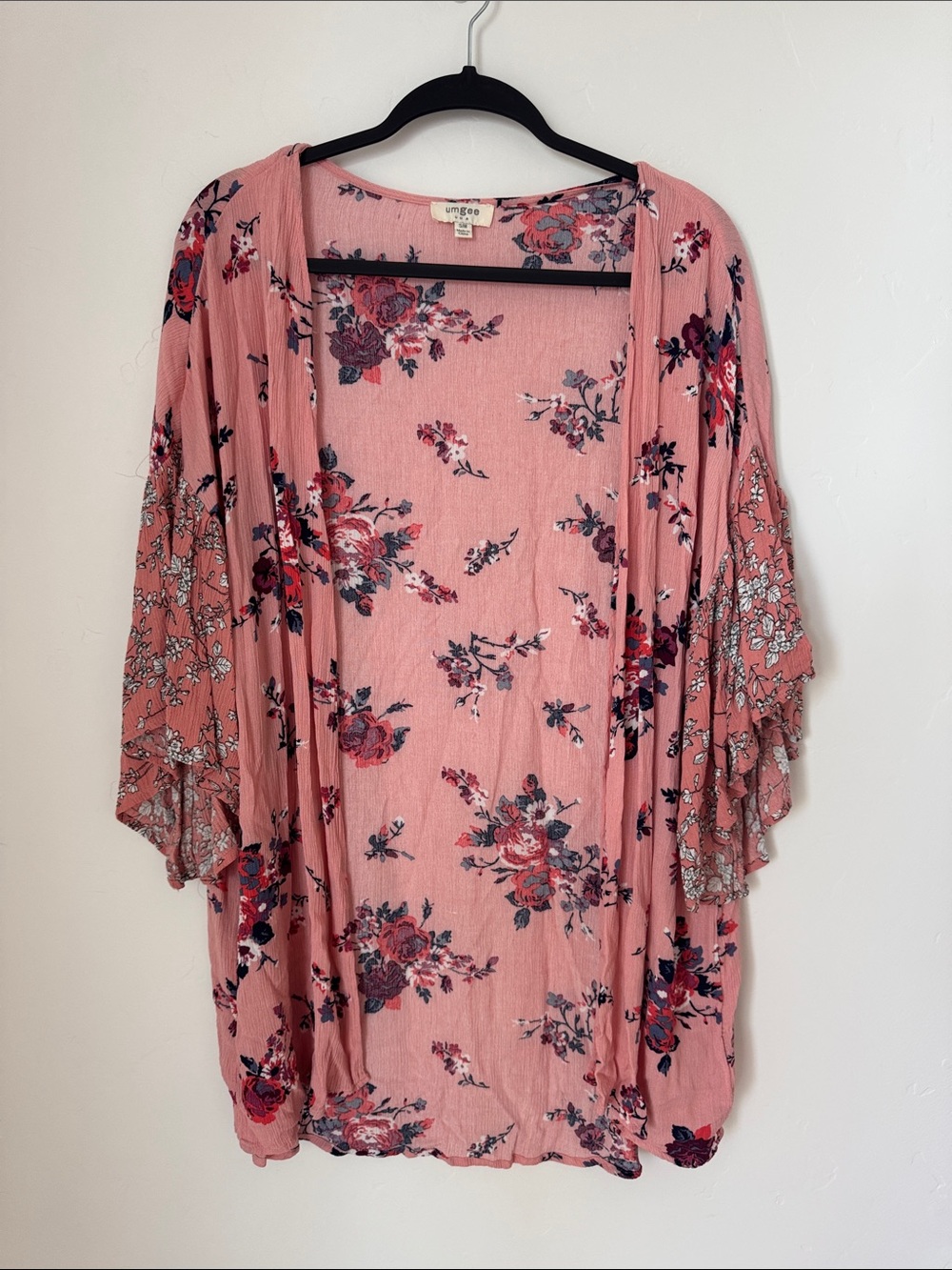 Umgee Pink Floral Kimono Cardigan Bell Sleeve Boho Duster Cover Up Size S/M